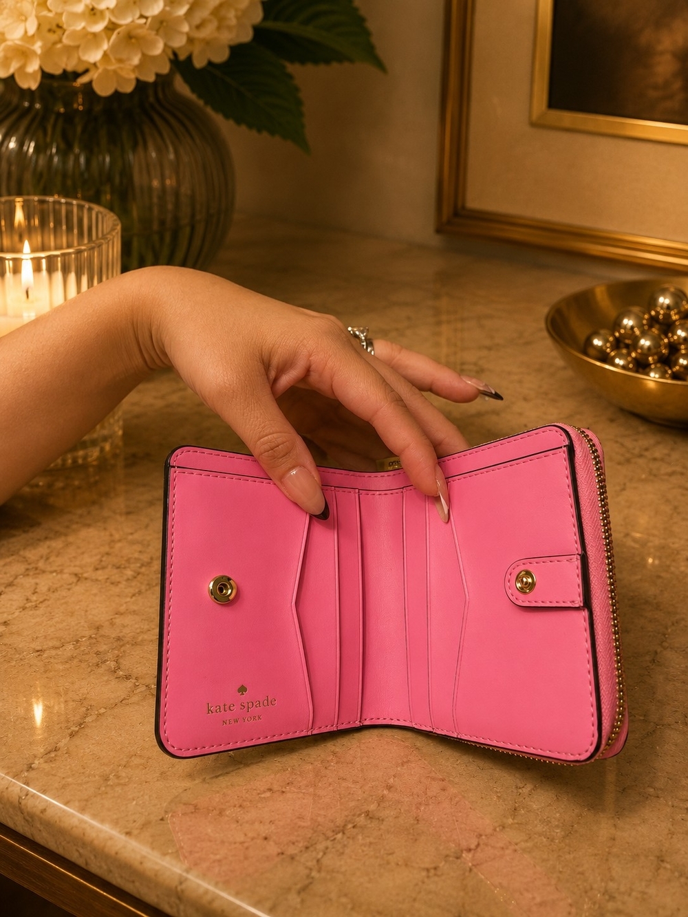 kate spade Pink Saffiano Compact Bifold Zip Around Wallet with Gold Logo - Picture 4 of 6